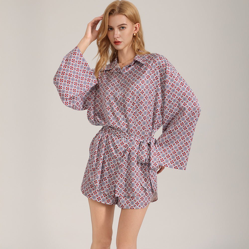 The Retro Geometry | Women's Satin Long - Sleeve Geometric Print Short Pajama Set - Negative Apparel