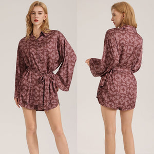 The Retro Geometry | Women's Satin Long - Sleeve Geometric Print Short Pajama Set - Negative Apparel