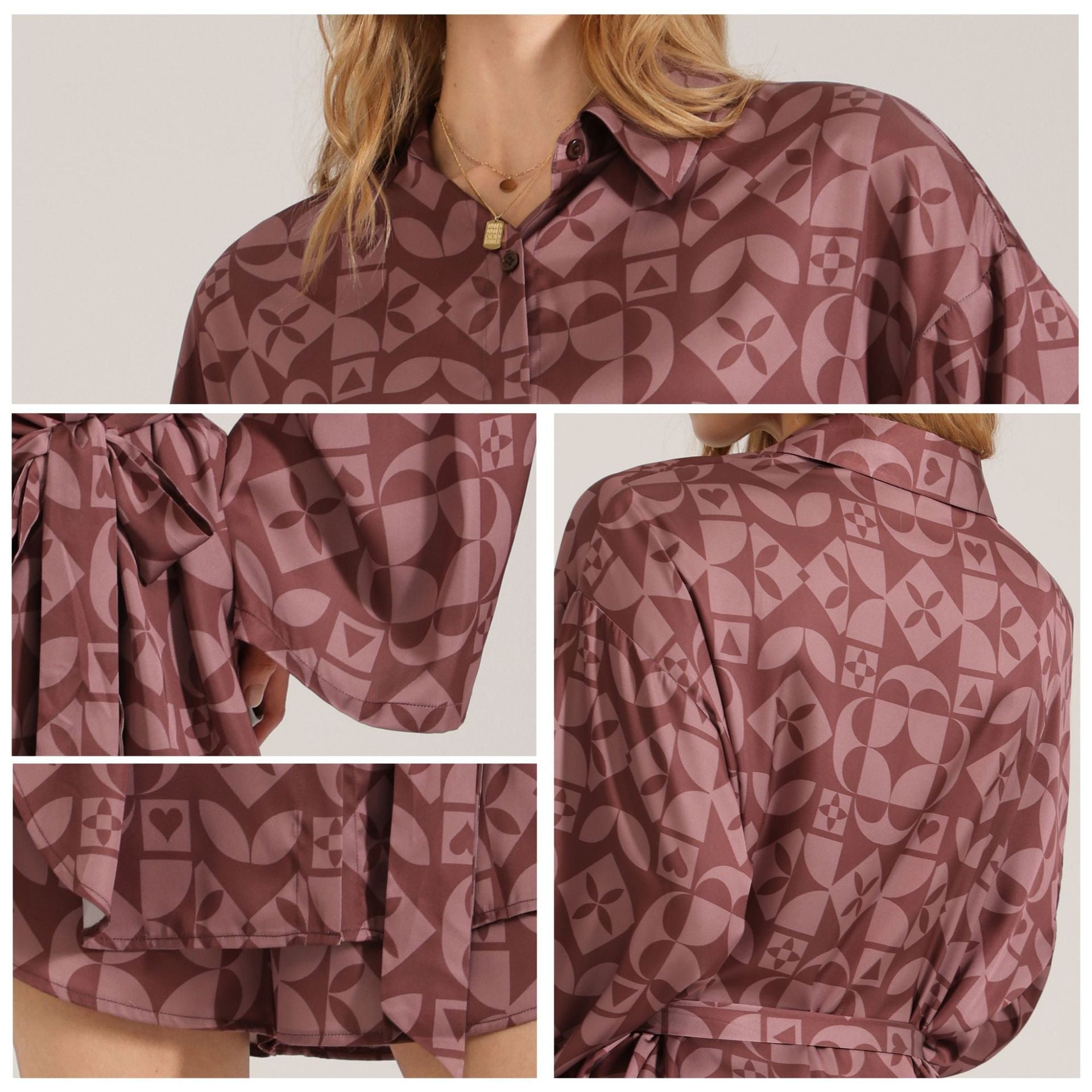 The Retro Geometry | Women's Satin Long - Sleeve Geometric Print Short Pajama Set - Negative Apparel