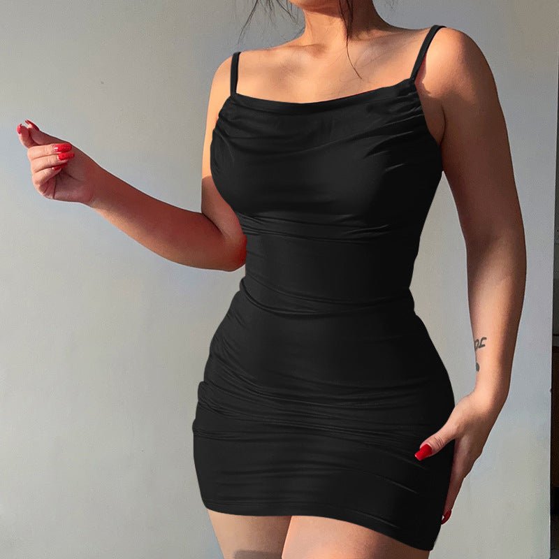 The Retro Spice | Solid Black V - Neck Pleated Backless Hip - Wrap Mini Dress - Negative Apparel