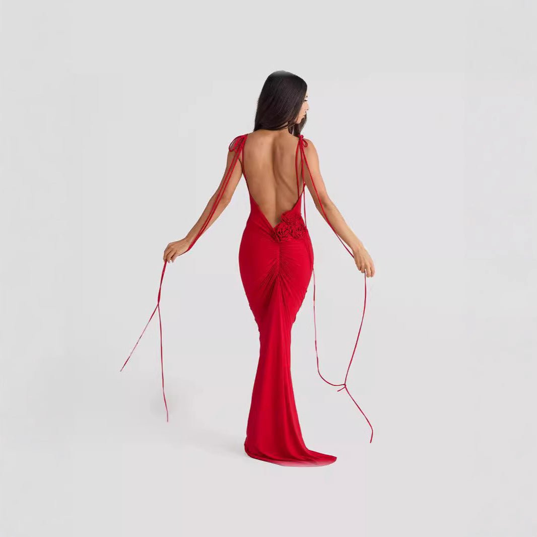 The Rose Seduction | Women's Rose Splicing Halter Pleated Lace - Up Maxi Dress - Negative Apparel