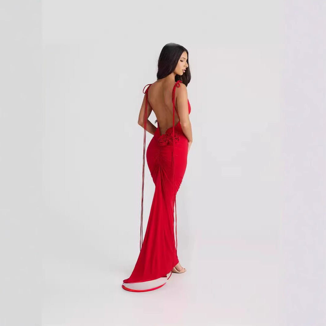 The Rose Seduction | Women's Rose Splicing Halter Pleated Lace - Up Maxi Dress - Negative Apparel