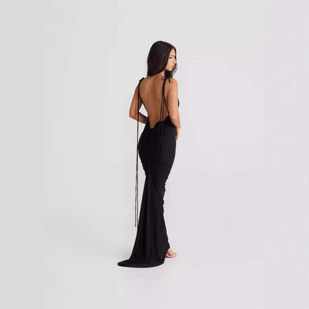 The Rose Seduction | Women's Rose Splicing Halter Pleated Lace - Up Maxi Dress - Negative Apparel