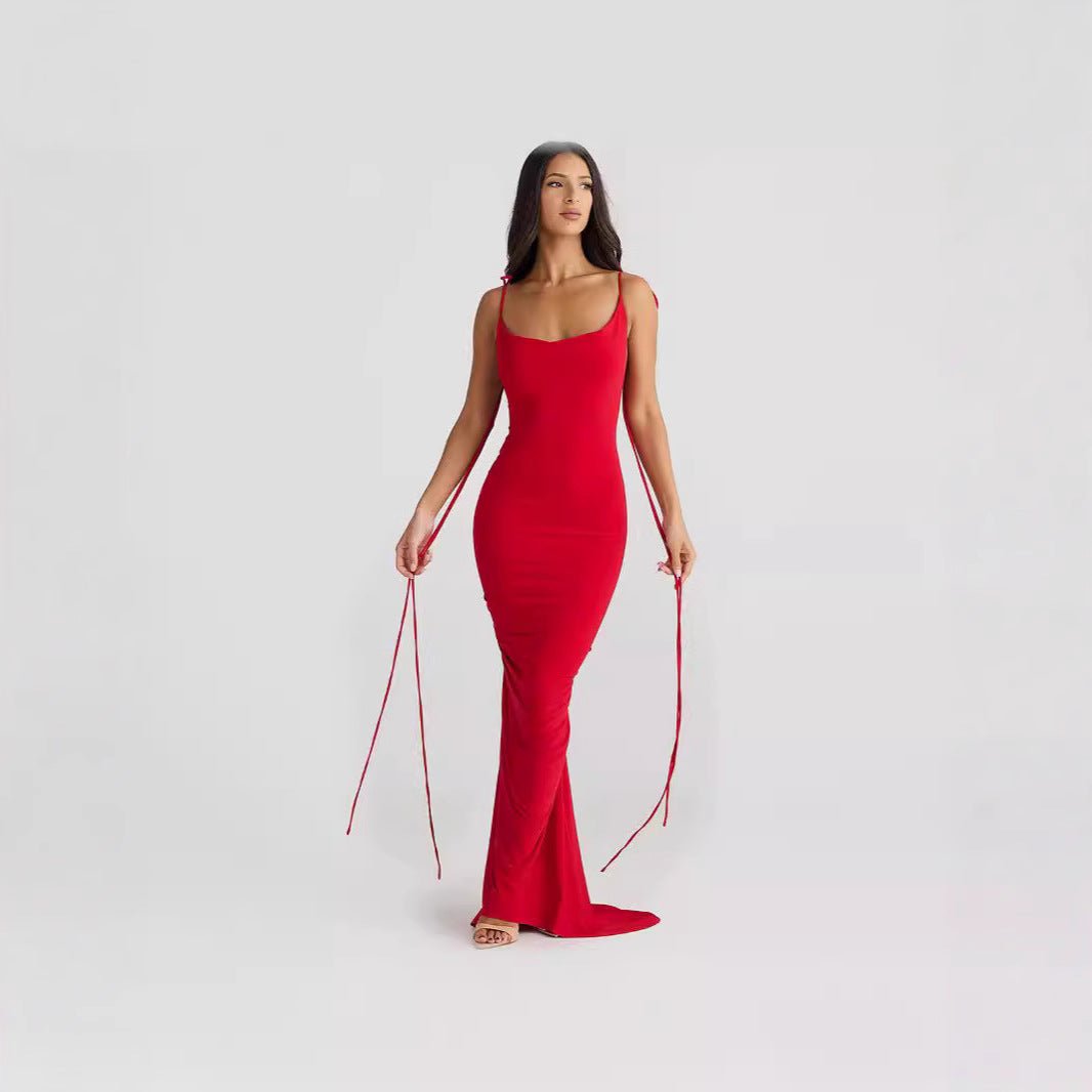 The Rose Seduction | Women's Rose Splicing Halter Pleated Lace - Up Maxi Dress - Negative Apparel