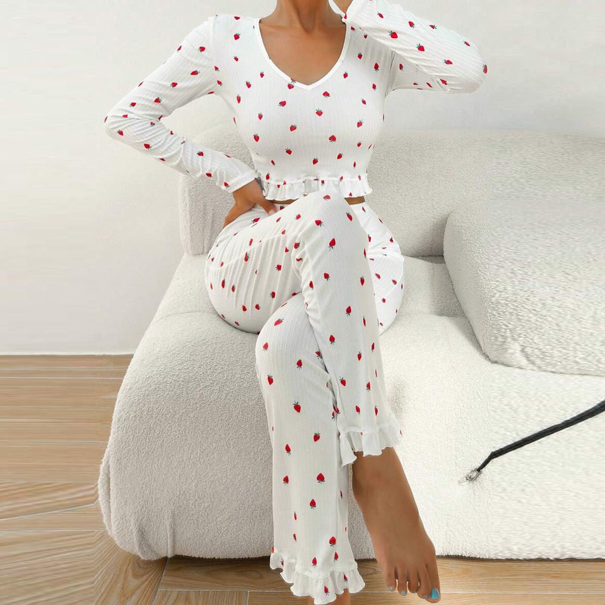 The Ruffle Charm | Solid Color Long - Sleeve Top & Pants Pajama Set - Negative Apparel