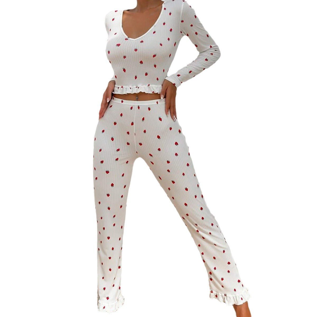 The Ruffle Charm | Solid Color Long - Sleeve Top & Pants Pajama Set - Negative Apparel