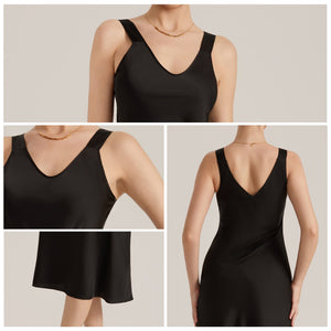 The Satin Desire | Solid Color V - Neck Sleeveless Satin Maxi Slip Sleep Dress - Negative Apparel