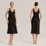 The Satin Desire | Solid Color V - Neck Sleeveless Satin Maxi Slip Sleep Dress - Negative Apparel