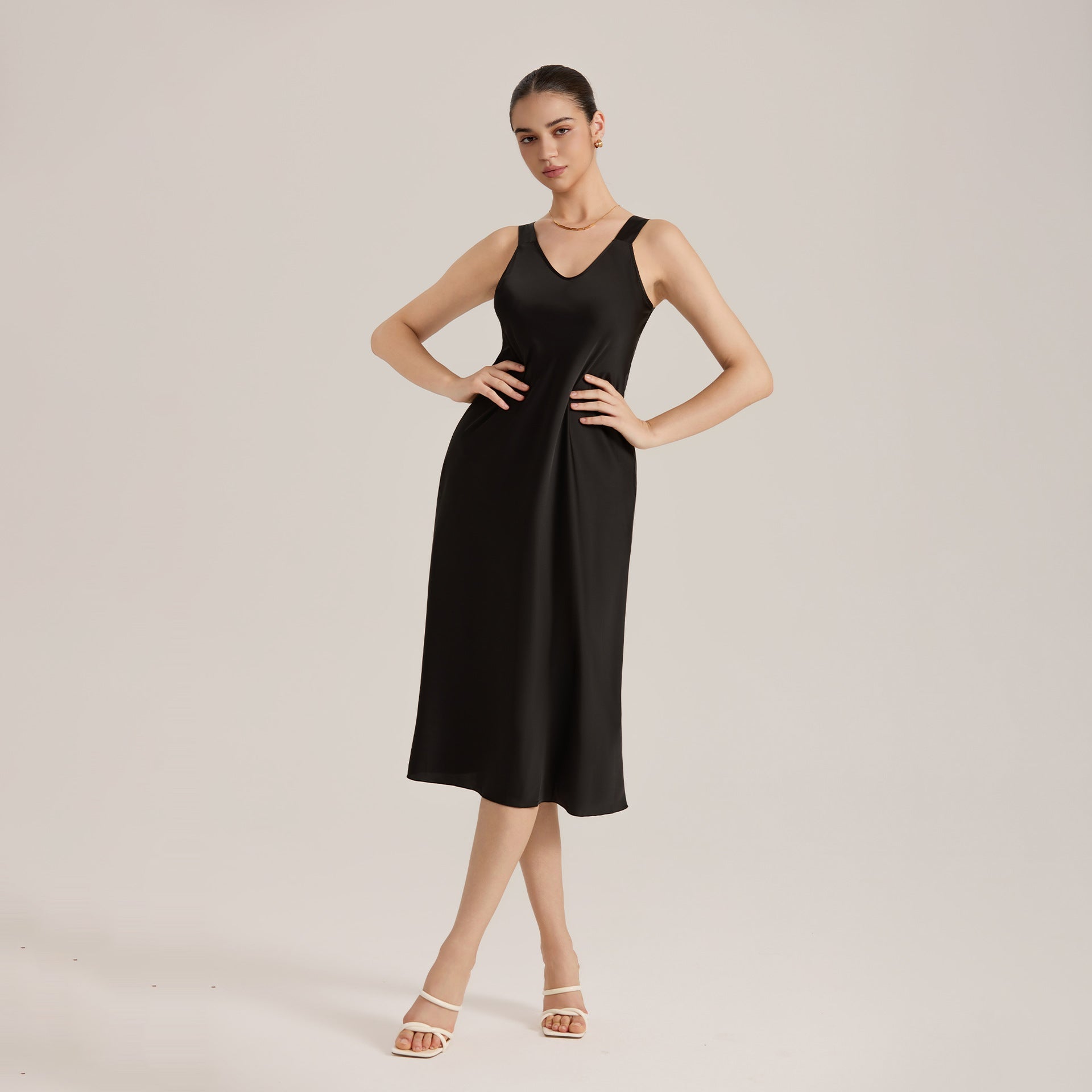 The Satin Desire | Solid Color V - Neck Sleeveless Satin Maxi Slip Sleep Dress - Negative Apparel