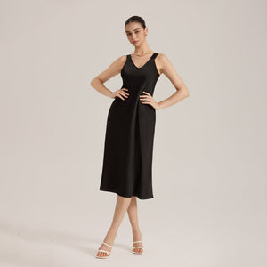 The Satin Desire | Solid Color V - Neck Sleeveless Satin Maxi Slip Sleep Dress - Negative Apparel