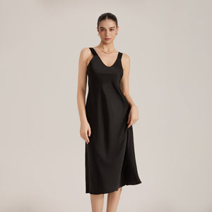 The Satin Desire | Solid Color V - Neck Sleeveless Satin Maxi Slip Sleep Dress - Negative Apparel
