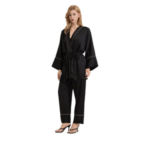 The Satin Elegance | Solid Black V - Neck Long - Sleeve Top & Pants Sleep Set - Negative Apparel