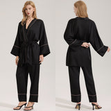 The Satin Elegance | Solid Black V - Neck Long - Sleeve Top & Pants Sleep Set - Negative Apparel