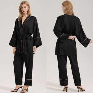The Satin Elegance | Solid Black V - Neck Long - Sleeve Top & Pants Sleep Set - Negative Apparel