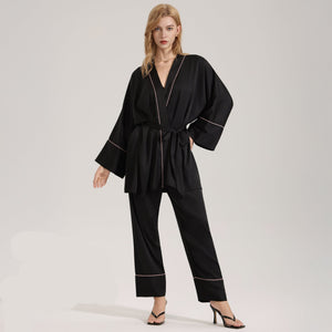The Satin Elegance | Solid Black V - Neck Long - Sleeve Top & Pants Sleep Set - Negative Apparel