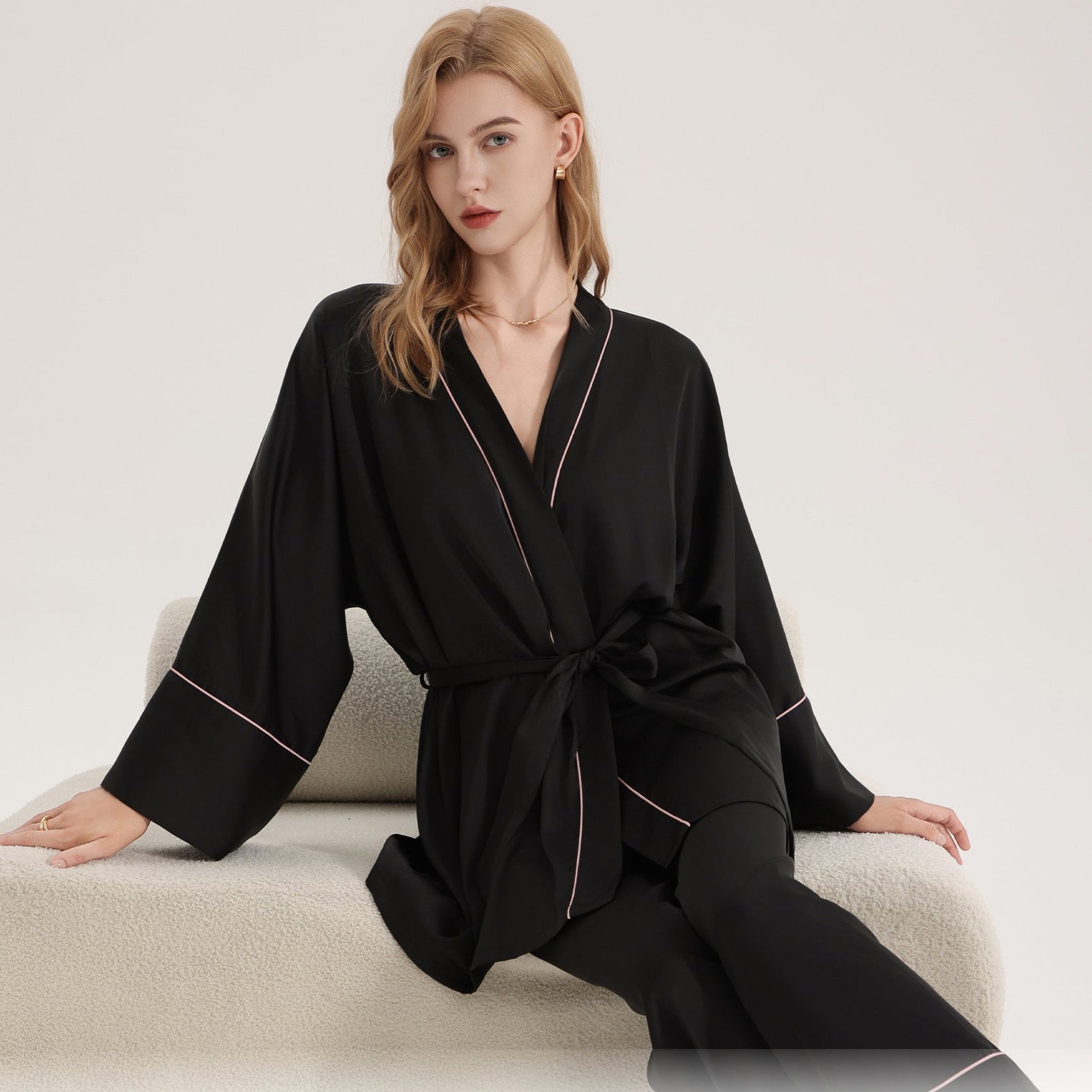 The Satin Elegance | Solid Black V - Neck Long - Sleeve Top & Pants Sleep Set - Negative Apparel