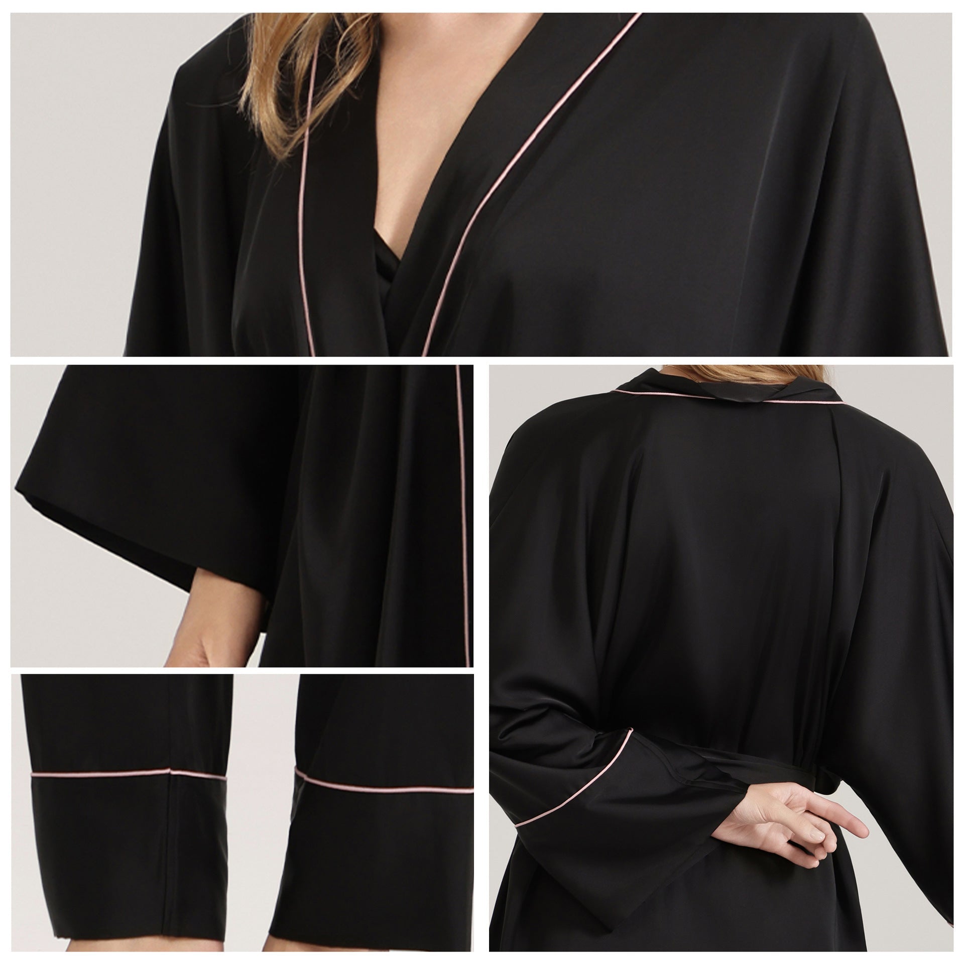 The Satin Elegance | Solid Black V - Neck Long - Sleeve Top & Pants Sleep Set - Negative Apparel