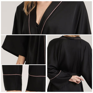 The Satin Elegance | Solid Black V - Neck Long - Sleeve Top & Pants Sleep Set - Negative Apparel
