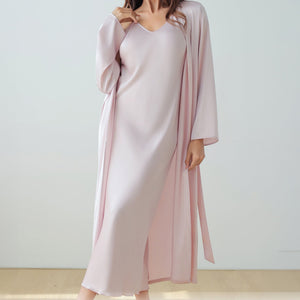 The Satin Elegance | Solid Color Long - Sleeve Slip Dress & Robe Two - Piece Set - Negative Apparel