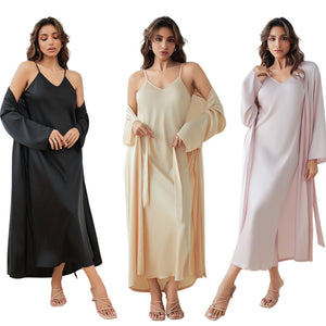 The Satin Elegance | Solid Color Long - Sleeve Slip Dress & Robe Two - Piece Set - Negative Apparel