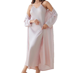 The Satin Elegance | Solid Color Long - Sleeve Slip Dress & Robe Two - Piece Set - Negative Apparel