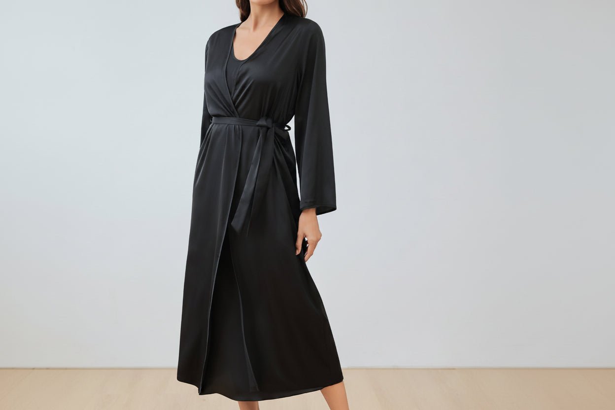 The Satin Elegance | Solid Color Long - Sleeve Slip Dress & Robe Two - Piece Set - Negative Apparel
