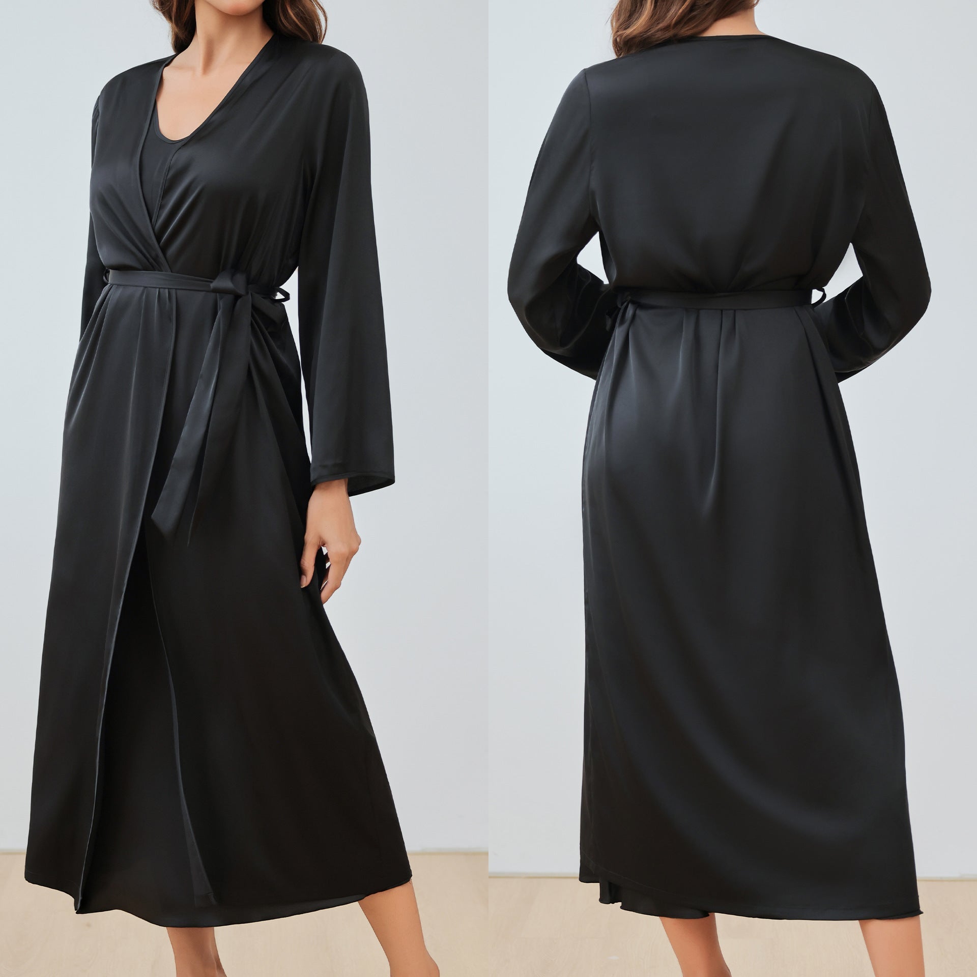 The Satin Elegance | Solid Color Long - Sleeve Slip Dress & Robe Two - Piece Set - Negative Apparel