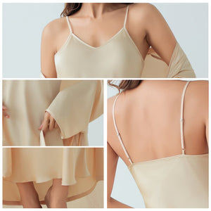 The Satin Elegance | Solid Color Long - Sleeve Slip Dress & Robe Two - Piece Set - Negative Apparel