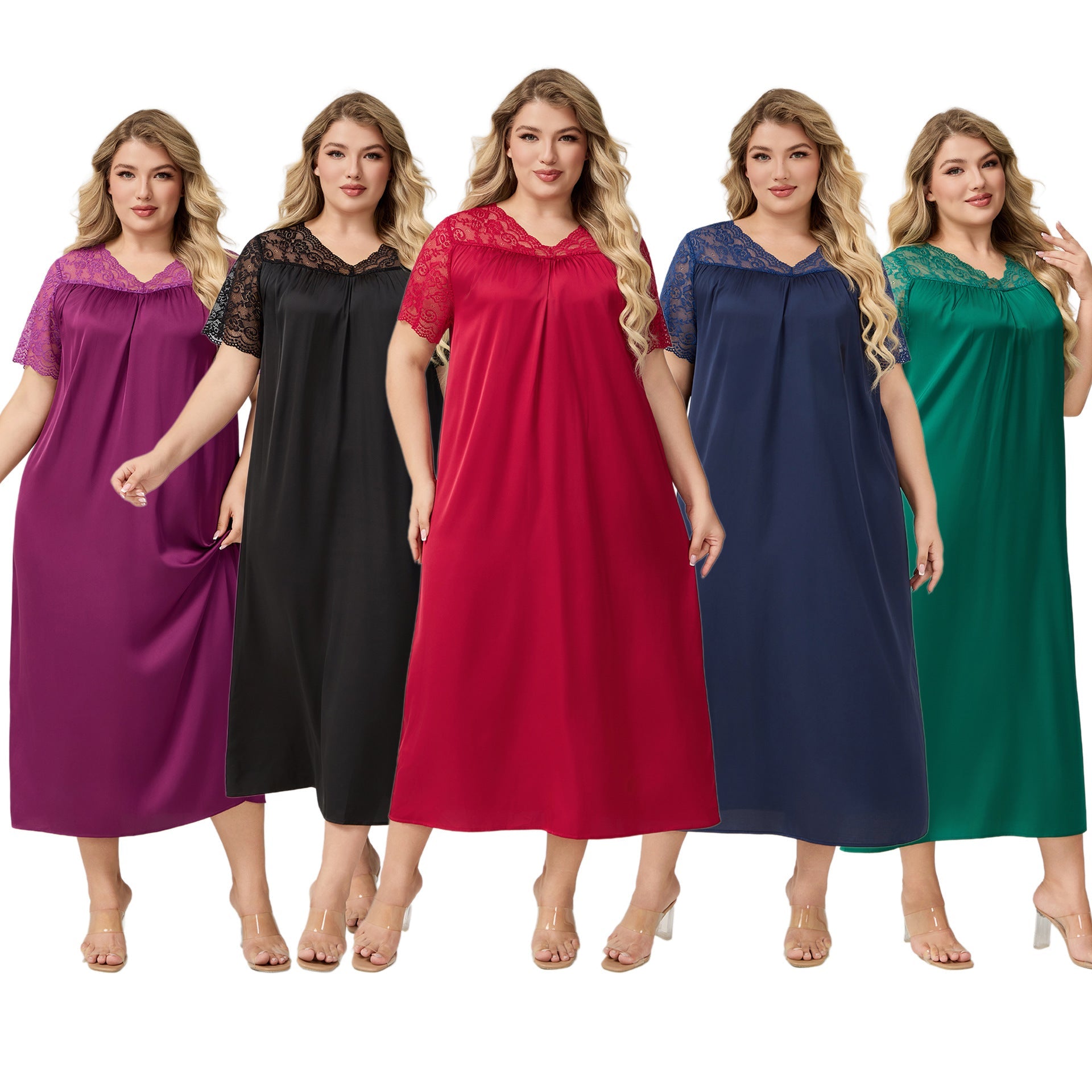 The Satin Flow | Solid Color V - Neck Short - Sleeve Maxi Sleep Dress - Negative Apparel