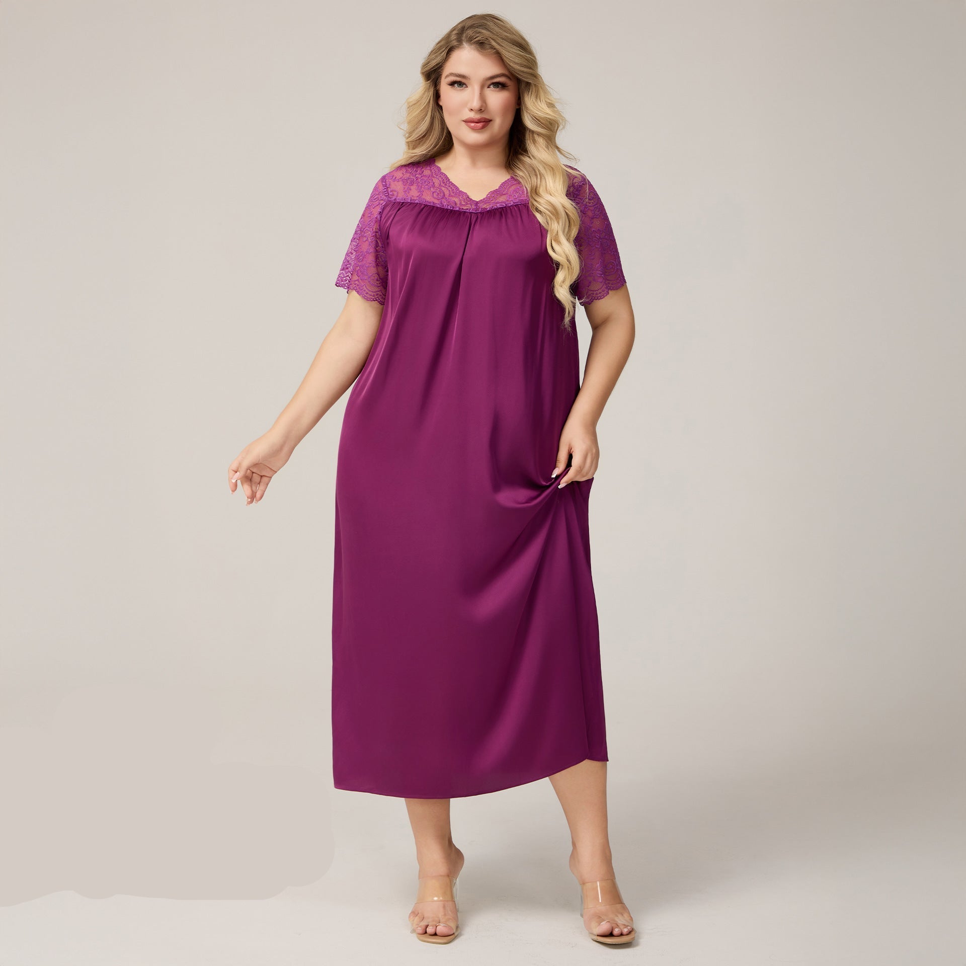 The Satin Flow | Solid Color V - Neck Short - Sleeve Maxi Sleep Dress - Negative Apparel