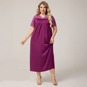 The Satin Flow | Solid Color V - Neck Short - Sleeve Maxi Sleep Dress - Negative Apparel