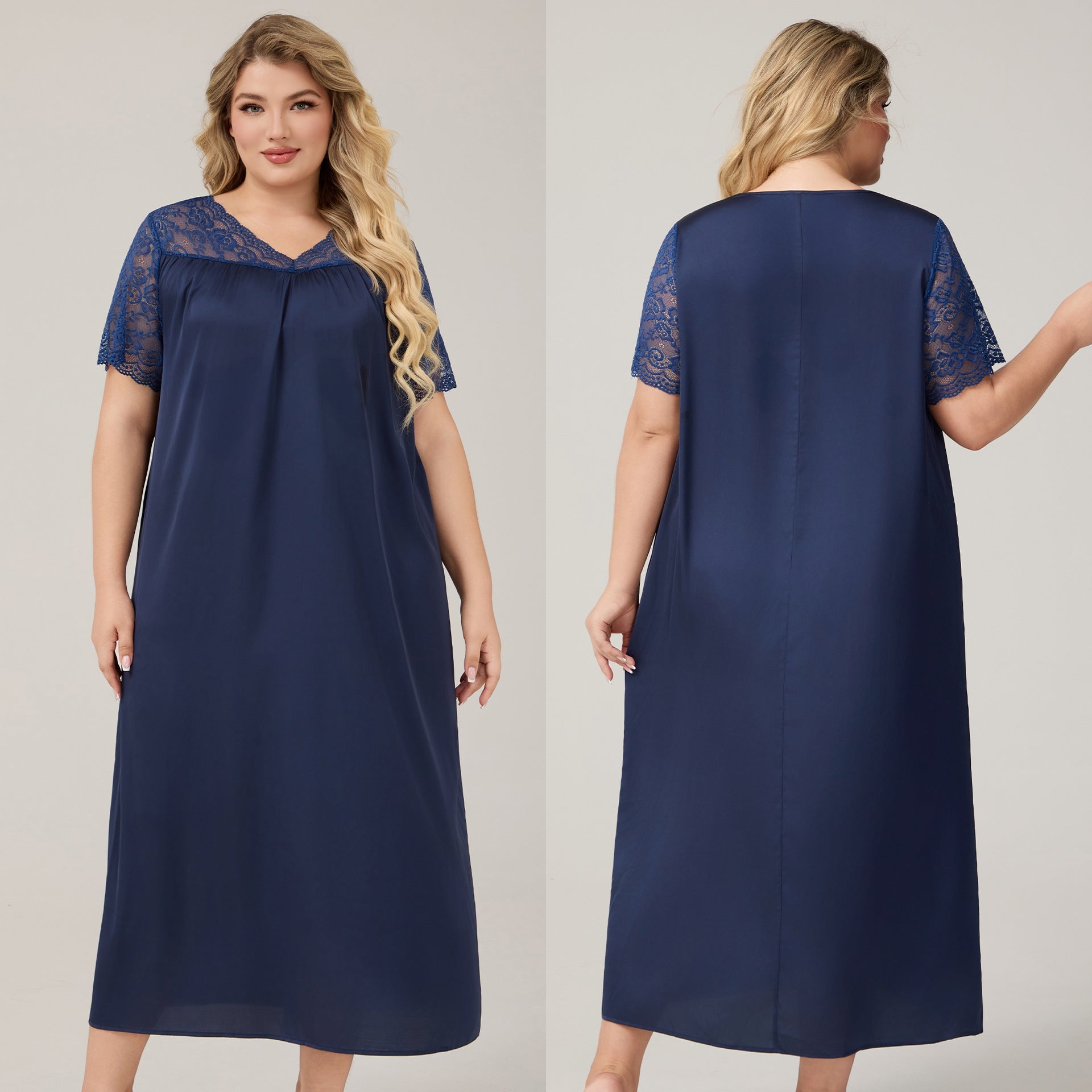 The Satin Flow | Solid Color V - Neck Short - Sleeve Maxi Sleep Dress - Negative Apparel