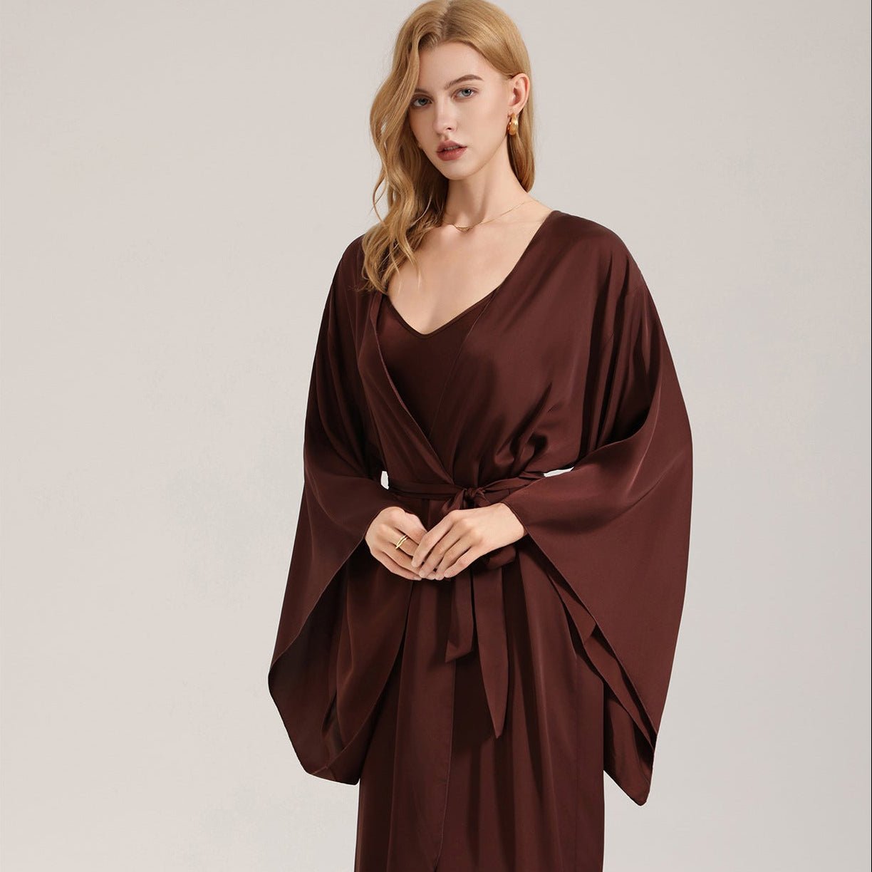 The Satin Grace | Solid Color Long - Sleeve Maxi Robe Sleepwear - Negative Apparel