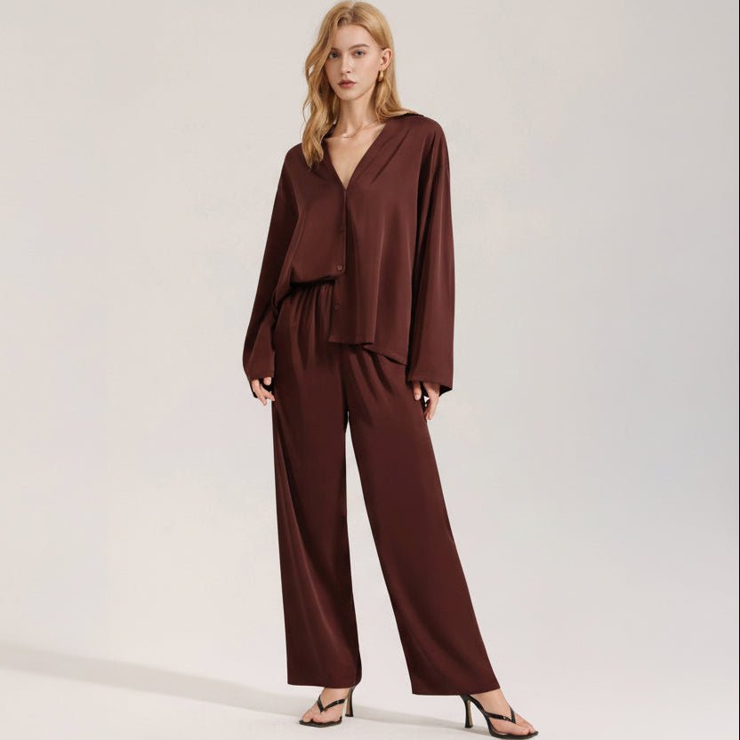 The Satin Grace | Solid Color V - Neck Long - Sleeve Top & Pants Sleep Set - Negative Apparel