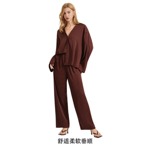 The Satin Grace | Solid Color V - Neck Long - Sleeve Top & Pants Sleep Set - Negative Apparel