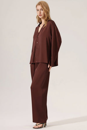 The Satin Grace | Solid Color V - Neck Long - Sleeve Top & Pants Sleep Set - Negative Apparel