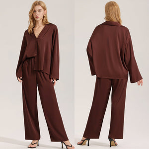 The Satin Grace | Solid Color V - Neck Long - Sleeve Top & Pants Sleep Set - Negative Apparel