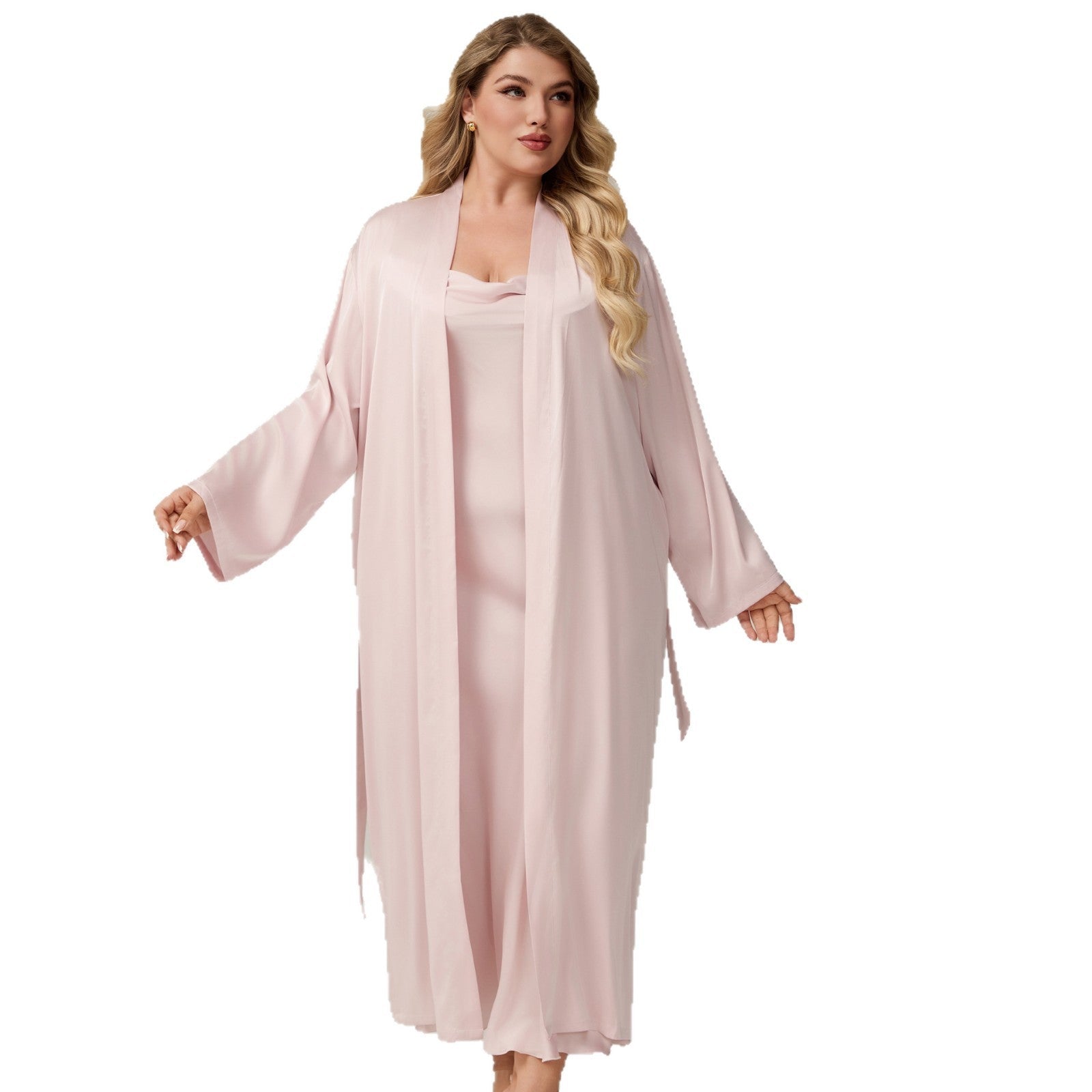 The Satin Seduction | Women's Plus - Size Long - Sleeve Satin Robe & Chemise Set - Negative Apparel