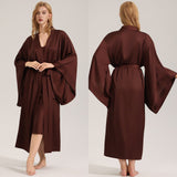 The Satin Serenity | Solid Coffee V - Neck Long - Sleeve Maxi Robe - Negative Apparel