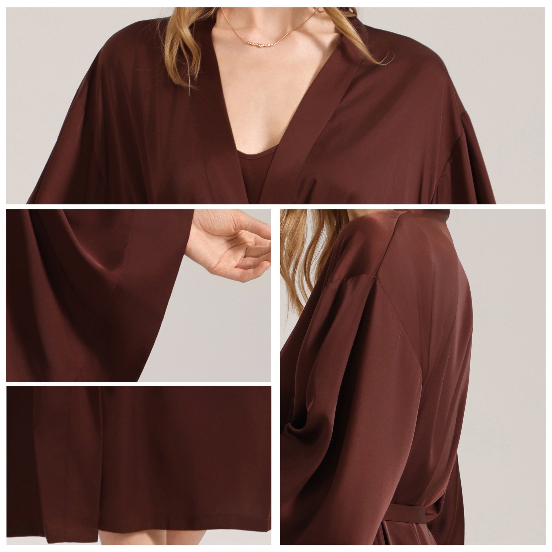 The Satin Serenity | Solid Coffee V - Neck Long - Sleeve Maxi Robe - Negative Apparel