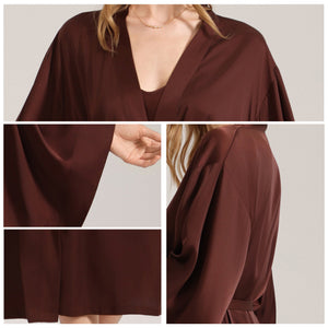 The Satin Serenity | Solid Coffee V - Neck Long - Sleeve Maxi Robe - Negative Apparel