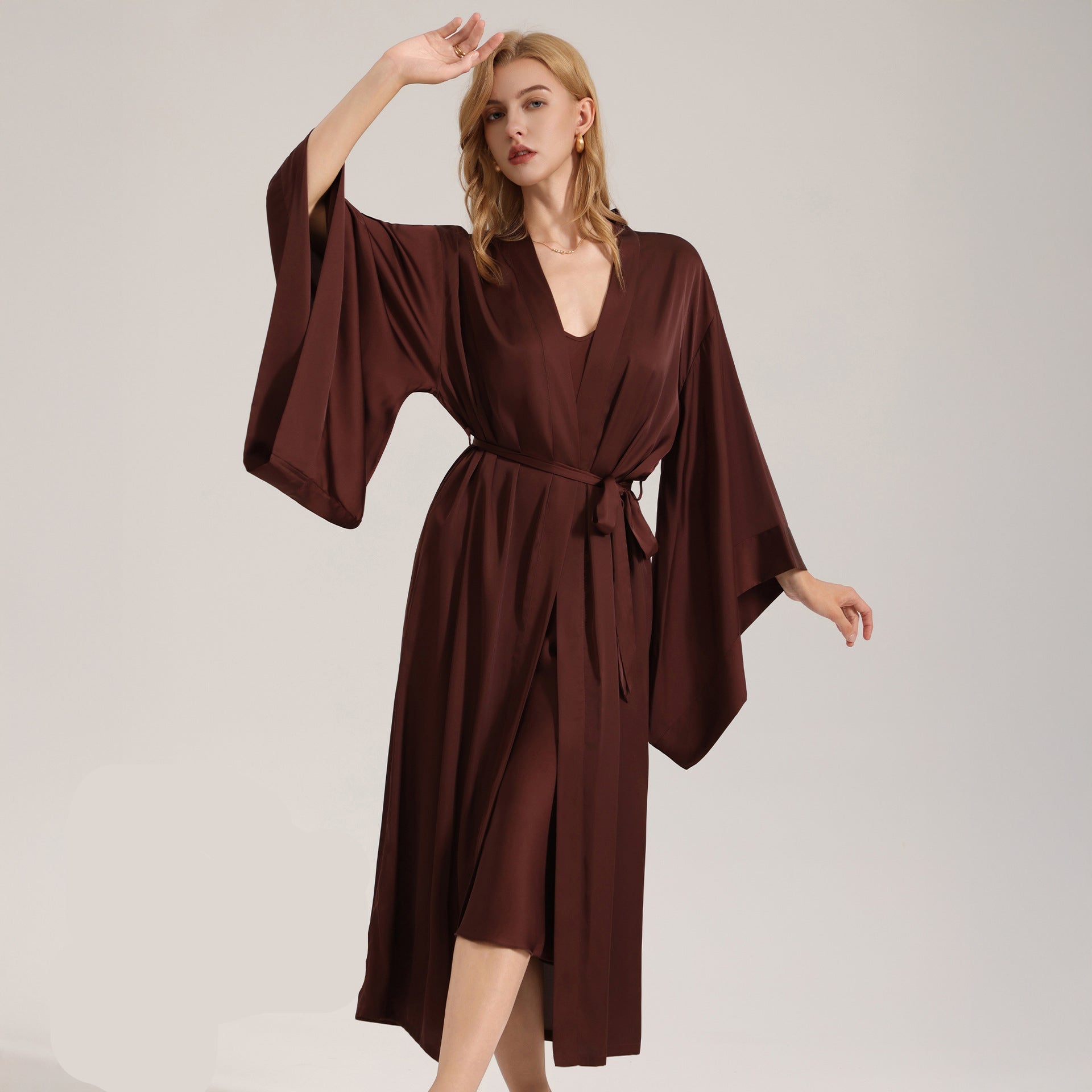 The Satin Serenity | Solid Coffee V - Neck Long - Sleeve Maxi Robe - Negative Apparel