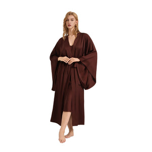 The Satin Serenity | Solid Coffee V - Neck Long - Sleeve Maxi Robe - Negative Apparel
