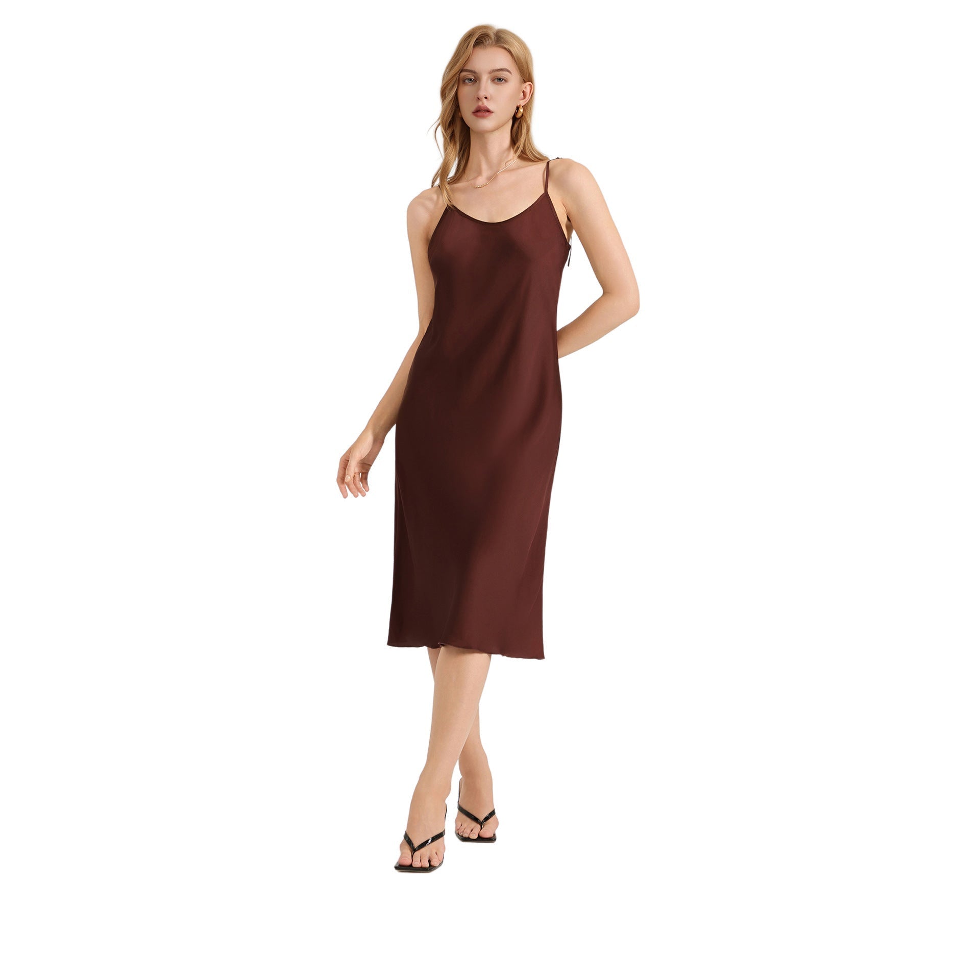 The Satin Serenity | Solid Color Tie - Strap Maxi Satin Slip Sleep Dress - Negative Apparel
