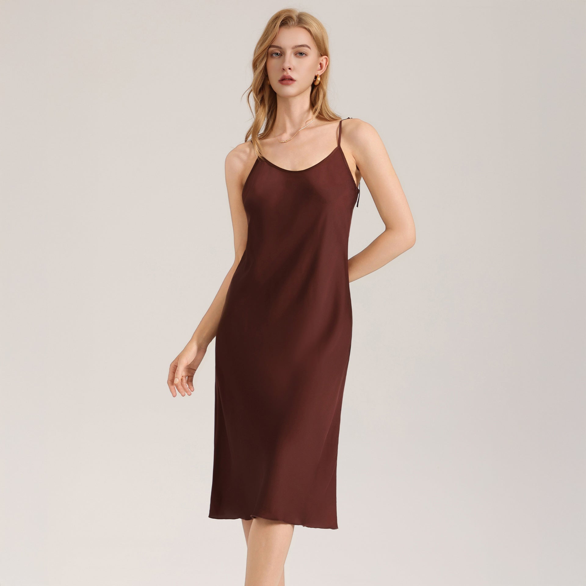 The Satin Serenity | Solid Color Tie - Strap Maxi Satin Slip Sleep Dress - Negative Apparel