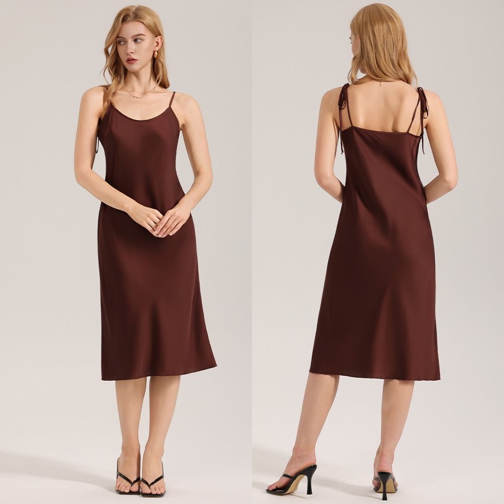 The Satin Serenity | Solid Color Tie - Strap Maxi Satin Slip Sleep Dress - Negative Apparel