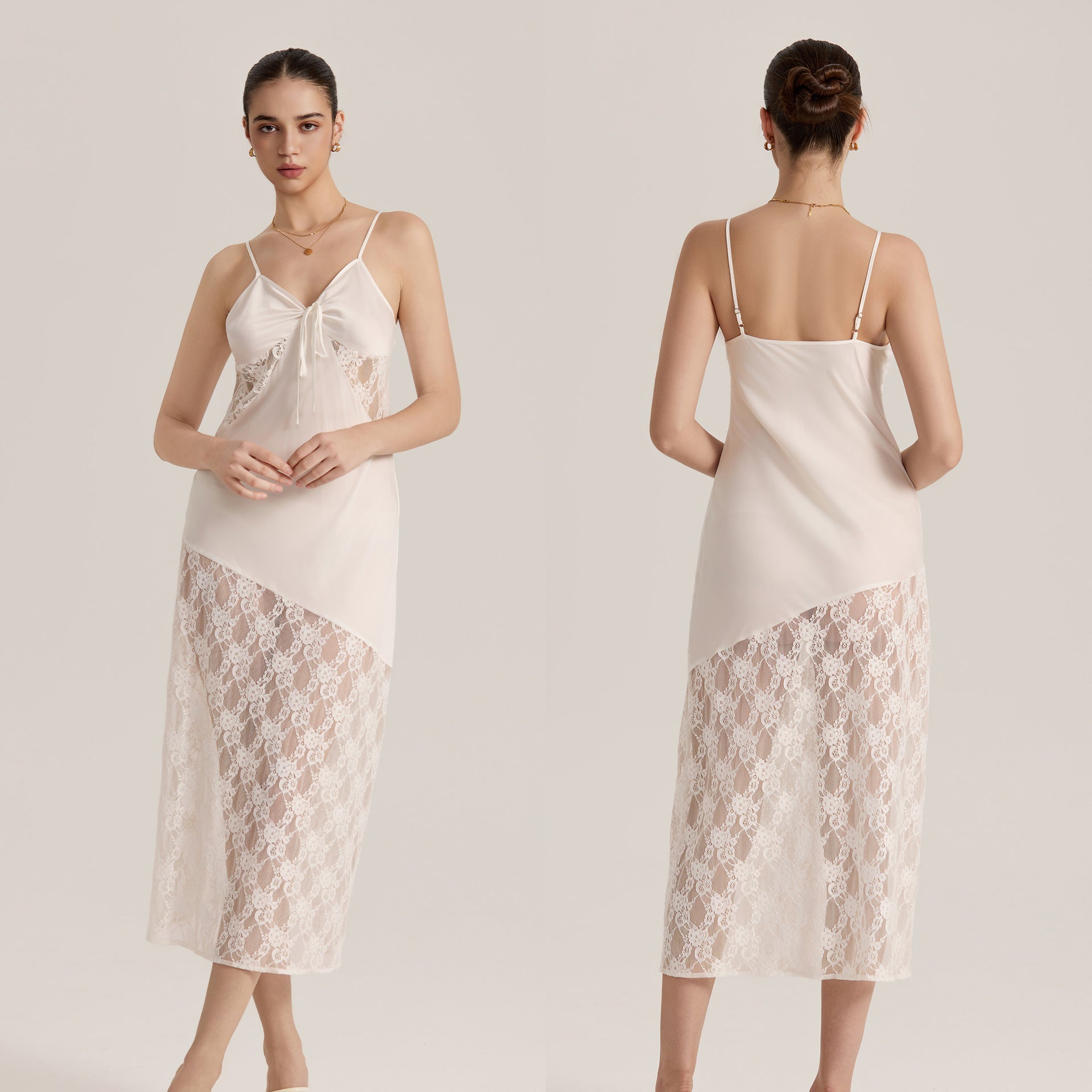 The Sheer Desire | White Lace Satin Patchwork Maxi Slip Sleep Dress - Negative Apparel