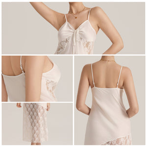 The Sheer Desire | White Lace Satin Patchwork Maxi Slip Sleep Dress - Negative Apparel