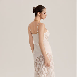 The Sheer Desire | White Lace Satin Patchwork Maxi Slip Sleep Dress - Negative Apparel