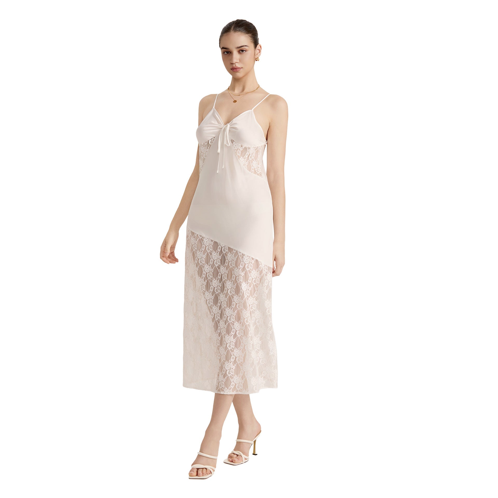 The Sheer Desire | White Lace Satin Patchwork Maxi Slip Sleep Dress - Negative Apparel